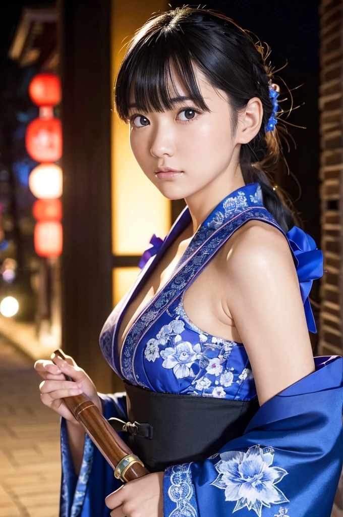 ((sfw: 1.4)),((detailed face, professional photography)), ((sfw, construction worker outfit, pulled back hair, 1 Girl)), Ultra High Resolution, (Realistic: 1.4), RAW Photo, Best Quality, (Photorealistic Stick), Focus, Soft Light, (20 years old)), ((Japanese)), (( (young face))), (surface), (depth of field), masterpiece, (realistic), woman, bangs, ((1 girl))A traditional Japanese night cityscape in the background、A scene where a beautiful Japanese girl is dressed like a ninja and poses in front of you。The beautiful girl is wearing a fluorescent blue dress with intricate lace.、The camera is facing the camera so that the entire body design can be seen.。The equipment is intricately decorated、Especially the dress and mask、And the details of the hair ornament stand out.。Her hair is black、The blue rose hair ornament looks beautiful.。There is tension in her posture as she holds her weapon.、The lighting is a soft moonlight shining into the streetscape.、The overall look exudes a realistic and calm atmosphere.。It was shot in portrait mode.、Even the details of the Japanese houses in the background are depicted realistically.。
