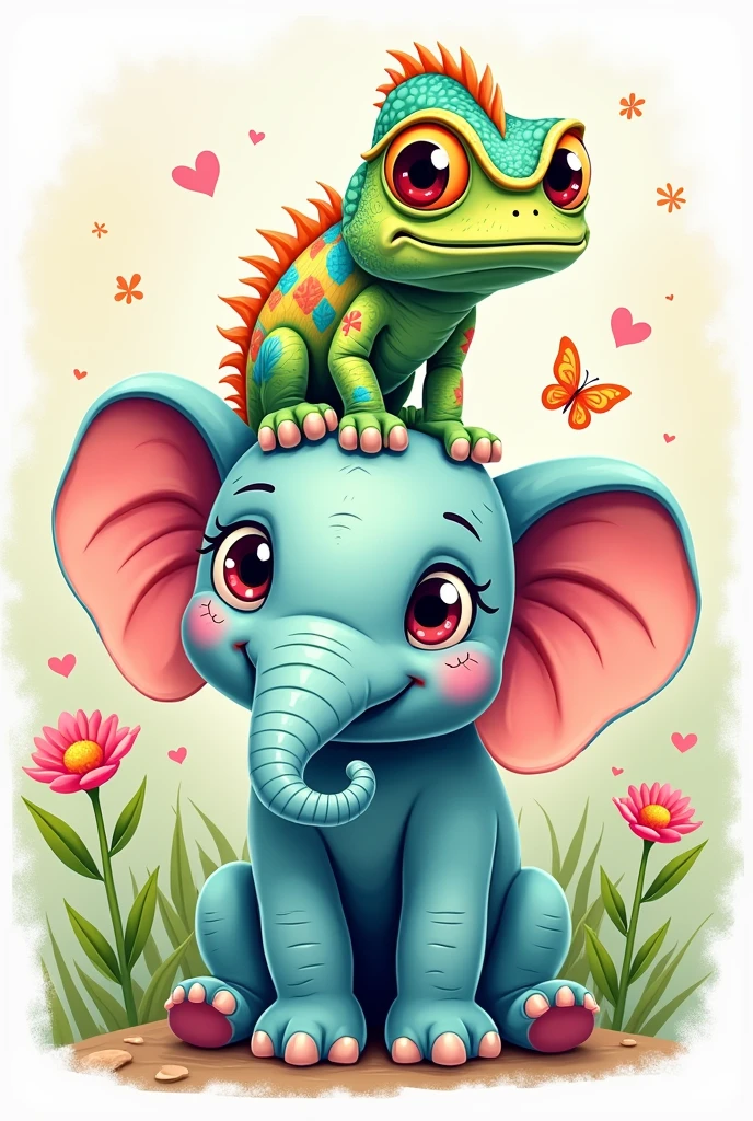 Make a shirt design that has a chameleon and an elephant that is a bit more illustrated and youthful 
