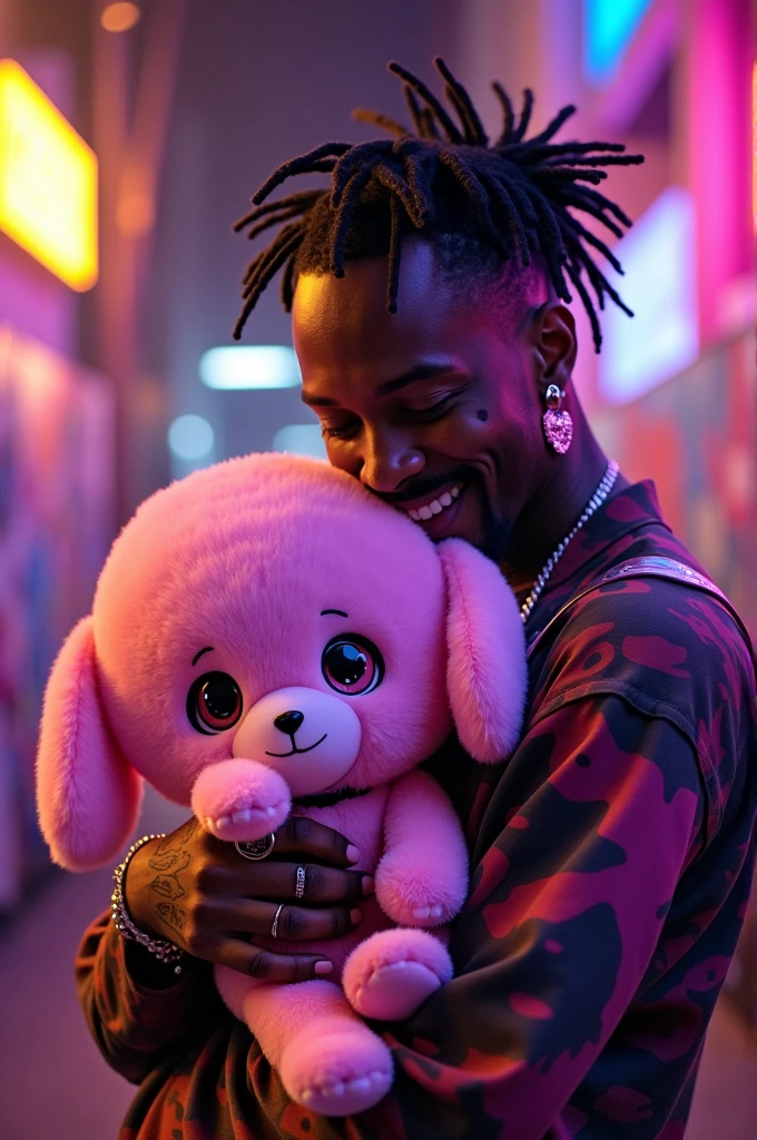 Travis Scott holding a Kuromi plush toy in his arms
