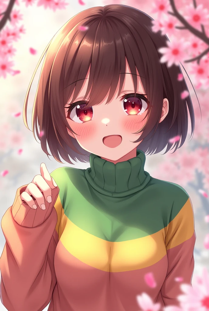 an anime girl with dark red eyes and short brown bob hair wearing a green and yellow with two stripes on her chest on her turtleneck sweater doing a cute pose