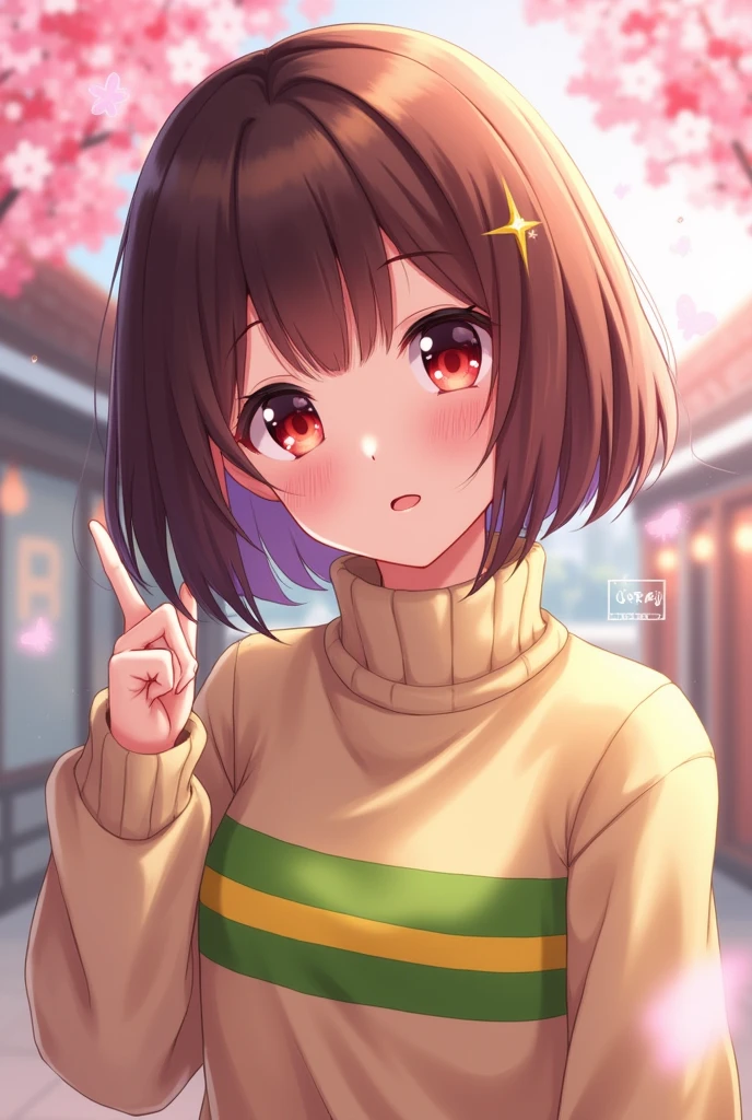 an anime girl with dark red eyes and short brown bob hair wearing a green and yellow with two stripes on her chest on her turtleneck sweater doing a cute pose
