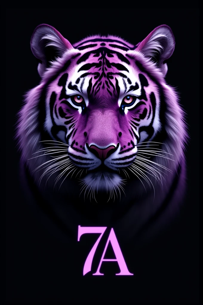 

You said:
"Por favor, create an image of a purple tiger with a black background. And also add 7A below the image, And don&#39;t be 7a, Be 7A, with a capital A. make the tiger a little darker purple. i.e., a little more violet." With 1 7 and 1 a very eye-catching for the flag with just the tiger&#39;s head and very mega realistic 