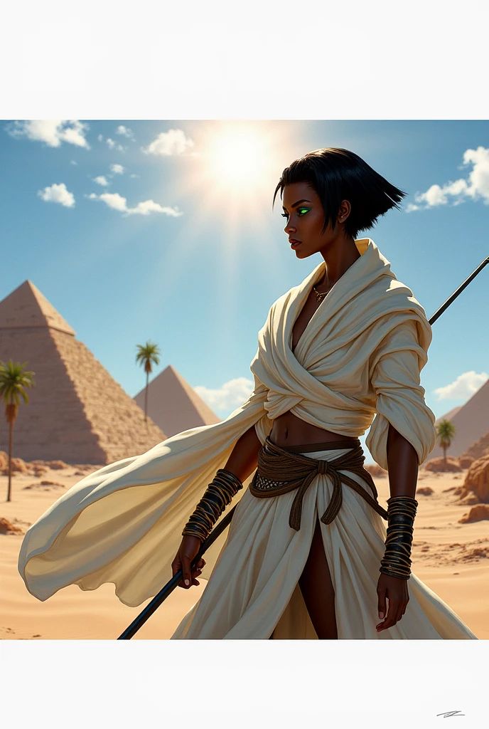 Character image wearing light linen Egyptian assassin's creed like clothing. Dark skin, green snake eyes, short black hair (fade)