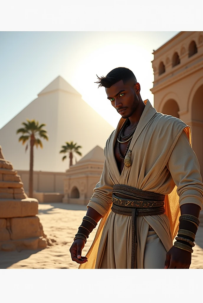 Character image wearing light linen Egyptian assassin's creed like clothing. Dark skin, green snake eyes, short black hair (fade)