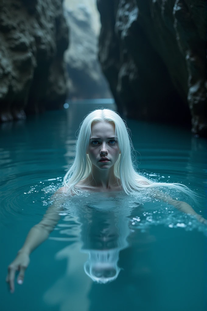Kizi, very white with dark blue eyes, long white hair, she is inside a lake in a cold cave, she is wearing a light blue dress, she is in the water with her face out, she is crying 