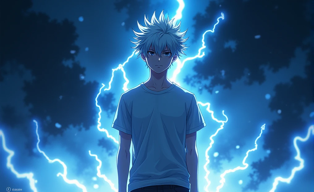 young man with a serious expression, surrounded by an electric aura. His hair is spiky and messy, white or silver, which contrasts strongly with the dark, bluish lighting that dominates the scene.. He is dressed in a short-sleeved T-shirt over a long-sleeved T-shirt, both in dark tones, which gives it a casual but powerful air.
The background is shrouded in darkness, with rays of blue electricity snaking around the character, illuminating it dramatically and highlighting its figure in the dim light. The atmosphere is intense, conveying a sense of contained power and potential danger. The combination of the character's relaxed posture and the visual effects of electricity suggests that he is about to unleash an impressive force..
This style remains clearly *anime*, with a focus on energy effects and building a tension-filled environment. It's a scene that could belong to a climactic moment in an action or fantasy series..