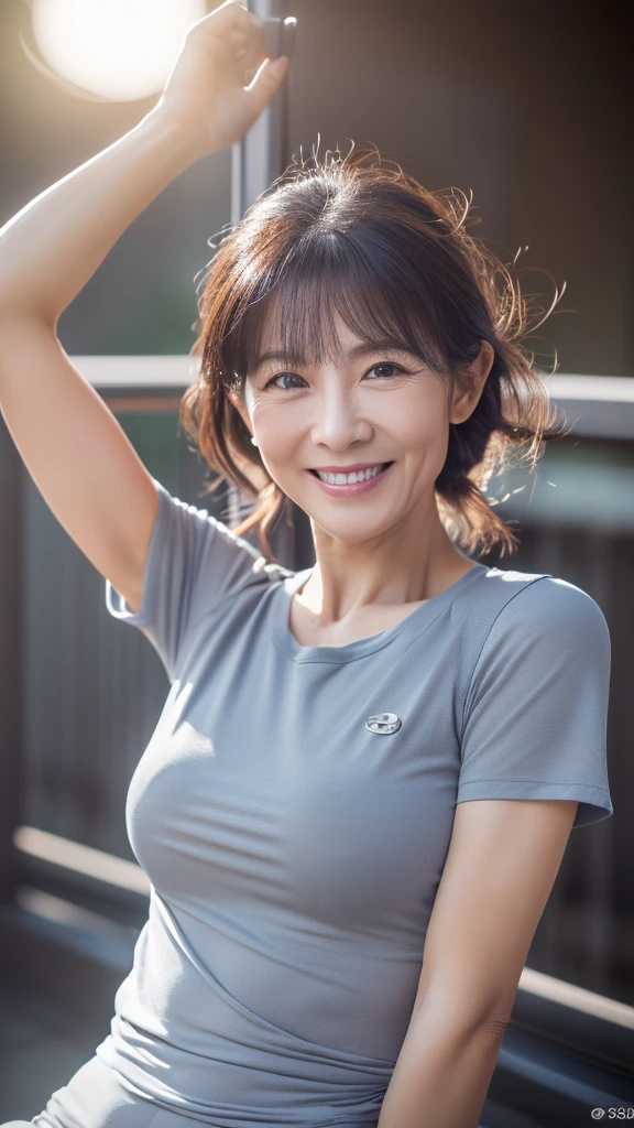 ((Realistic lighting, Highest quality,8k, masterpiece:1.3)), ((50-year-old Chinese woman,Large Eyes,smile,Sweat,8 Pack Abs)),Sharp focus:1.2, , Perfect figure,Looking into the camera,The face is delicate,((Gray Hair)),(Short sleeve trackwear),Ultra-fine face,Beautiful Eyes,double eyelid