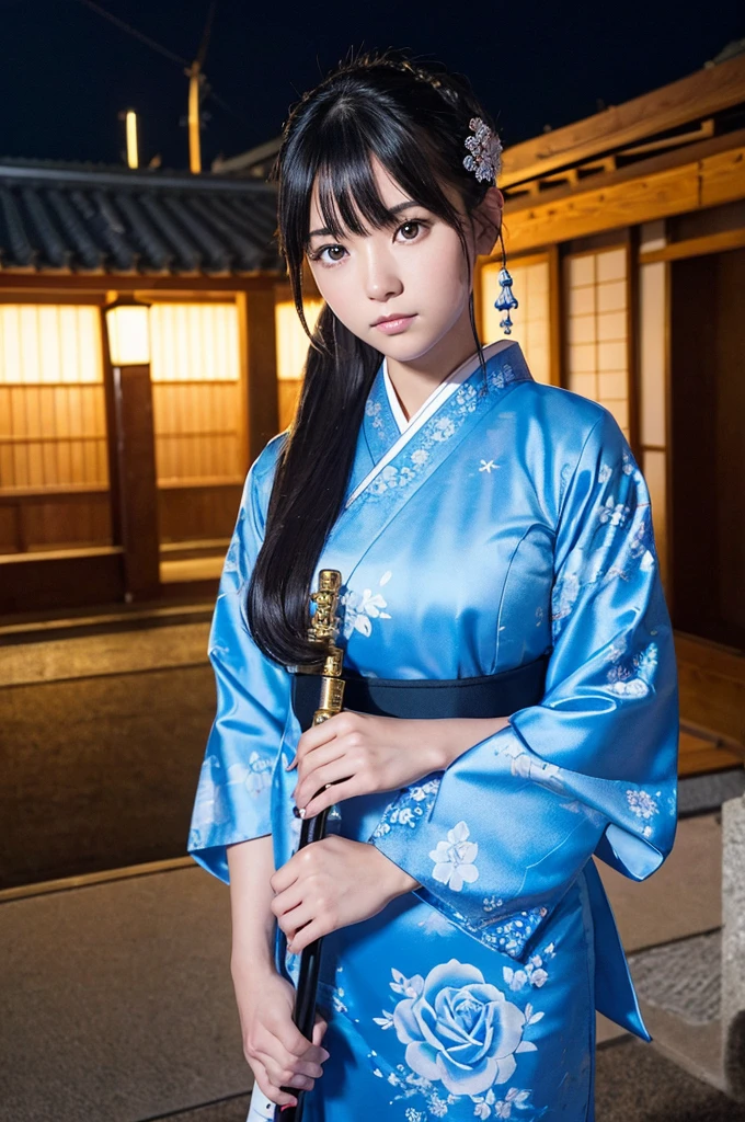 ((sfw: 1.4)),((detailed face, professional photography)), ((sfw, construction worker outfit, pulled back hair, 1 Girl)), Ultra High Resolution, (Realistic: 1.4), RAW Photo, Best Quality, (Photorealistic Stick), Focus, Soft Light, (20 years old)), ((Japanese)), (( (young face))), (surface), (depth of field), masterpiece, (realistic), woman, bangs, ((1 girl))A traditional Japanese night cityscape in the background、A scene where a beautiful Japanese girl is dressed like a ninja and poses in front of you。The beautiful girl is wearing a fluorescent blue dress with intricate lace.、The camera is facing the camera so that the entire body design can be seen.。The equipment is intricately decorated、Especially the dress and mask、And the details of the hair ornament stand out.。Her hair is black、The blue rose hair ornament looks beautiful.。There is tension in her posture as she holds her weapon.、The lighting is a soft moonlight shining into the streetscape.、The overall look exudes a realistic and calm atmosphere.。It was shot in portrait mode.、Even the details of the Japanese houses in the background are depicted realistically.。