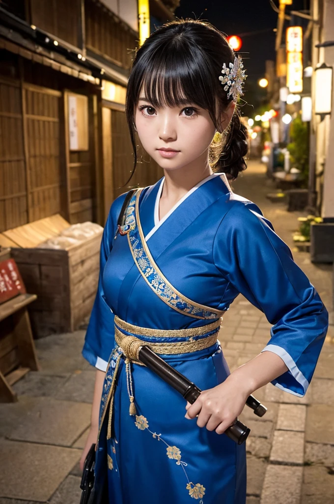 ((sfw: 1.4)),((detailed face, professional photography)), ((sfw, construction worker outfit, pulled back hair, 1 Girl)), Ultra High Resolution, (Realistic: 1.4), RAW Photo, Best Quality, (Photorealistic Stick), Focus, Soft Light, (20 years old)), ((Japanese)), (( (young face))), (surface), (depth of field), masterpiece, (realistic), woman, bangs, ((1 girl))A traditional Japanese night cityscape in the background、A scene where a beautiful Japanese girl is dressed like a ninja and poses in front of you。The beautiful girl is wearing a fluorescent blue dress with intricate lace.、The camera is facing the camera so that the entire body design can be seen.。The equipment is intricately decorated、Especially the dress and mask、And the details of the hair ornament stand out.。Her hair is black、The blue rose hair ornament looks beautiful.。There is tension in her posture as she holds her weapon.、The lighting is a soft moonlight shining into the streetscape.、The overall look exudes a realistic and calm atmosphere.。It was shot in portrait mode.、Even the details of the Japanese houses in the background are depicted realistically.。