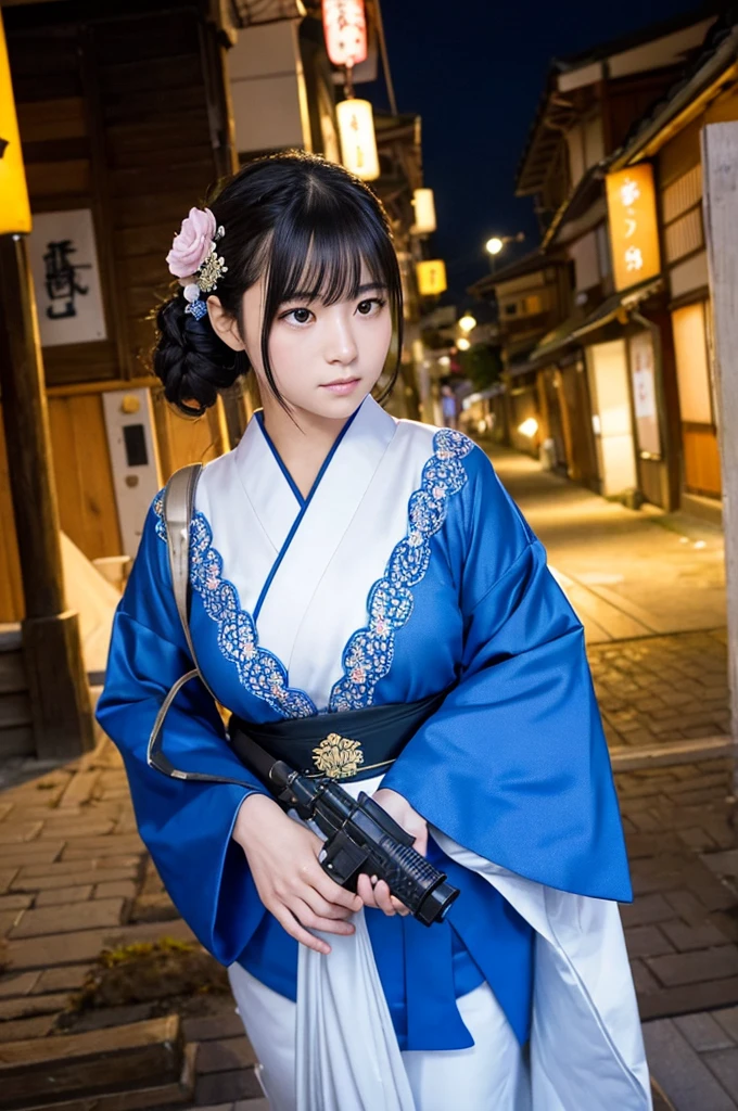 ((sfw: 1.4)),((detailed face, professional photography)), ((sfw, construction worker outfit, pulled back hair, 1 Girl)), Ultra High Resolution, (Realistic: 1.4), RAW Photo, Best Quality, (Photorealistic Stick), Focus, Soft Light, (20 years old)), ((Japanese)), (( (young face))), (surface), (depth of field), masterpiece, (realistic), woman, bangs, ((1 girl))A traditional Japanese night cityscape in the background、A scene where a beautiful Japanese girl is dressed like a ninja and poses in front of you。The beautiful girl is wearing a fluorescent blue dress with intricate lace.、The camera is facing the camera so that the entire body design can be seen.。The equipment is intricately decorated、Especially the dress and mask、And the details of the hair ornament stand out.。Her hair is black、The blue rose hair ornament looks beautiful.。There is tension in her posture as she holds her weapon.、The lighting is a soft moonlight shining into the streetscape.、The overall look exudes a realistic and calm atmosphere.。It was shot in portrait mode.、Even the details of the Japanese houses in the background are depicted realistically.。