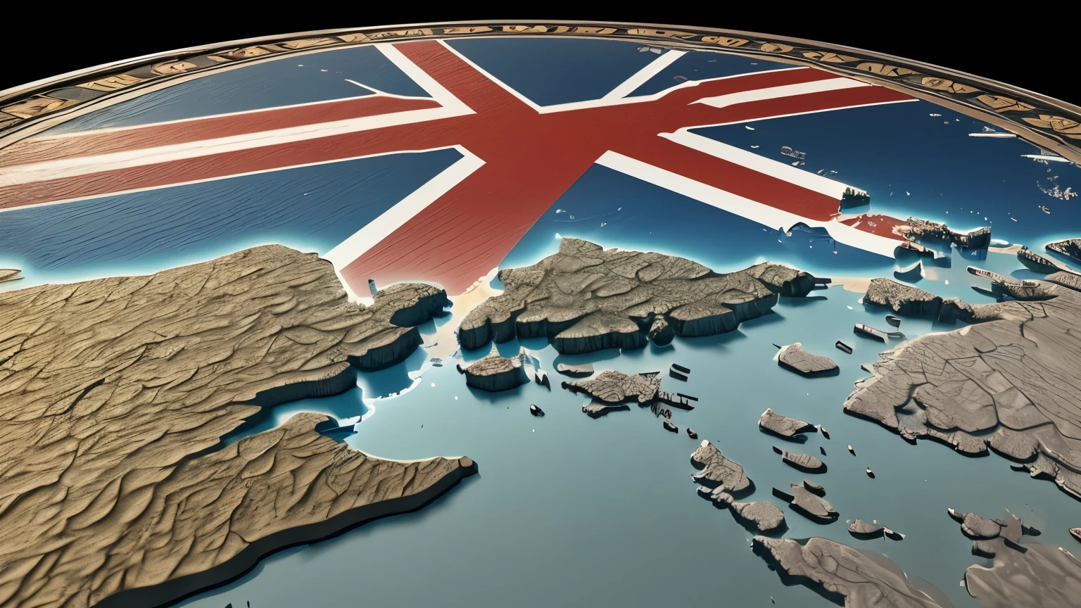 Create a 3D map of the United Kingdom as the central focus. The map should be rendered with a dramatic, impactful design, using the colors of the UK flag—red, white, and blue. The background should be dark and textured to contrast with the vibrant map, highlighting the contours and edges. The lighting should emphasize depth, with soft shadows and glowing highlights to enhance the 3D effect. The overall atmosphere should be bold and powerful, with a sense of grandeur and significance.