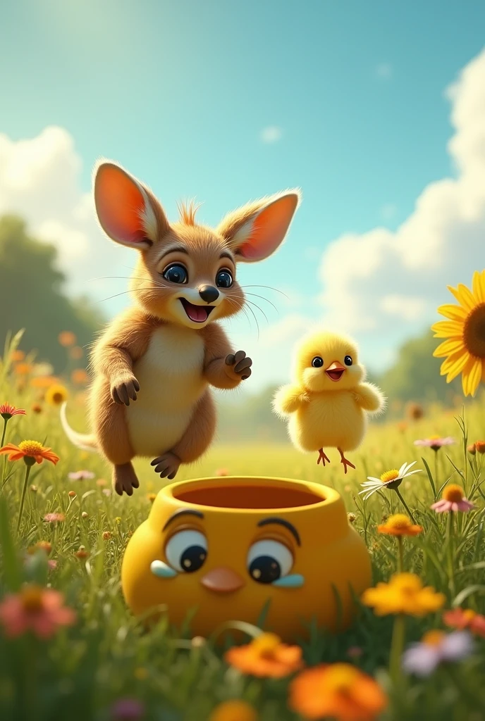 Saruê running after the little yellow chick is the little yellow pot crying