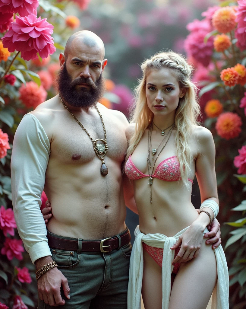 Sacred rebels, an extremely attractive couple. Dark bearded handsome bald shaman man with muscular upper body bare. Blonde fairie-like extremely sexy yogini woman dressed in flirtatious pink skimpy underwear, perky big breasts, plenty of cleavage, hourglass body. Lots of hippie style jewelry. Side by side, touching each other sensually, facing the camera, looking into the camera.