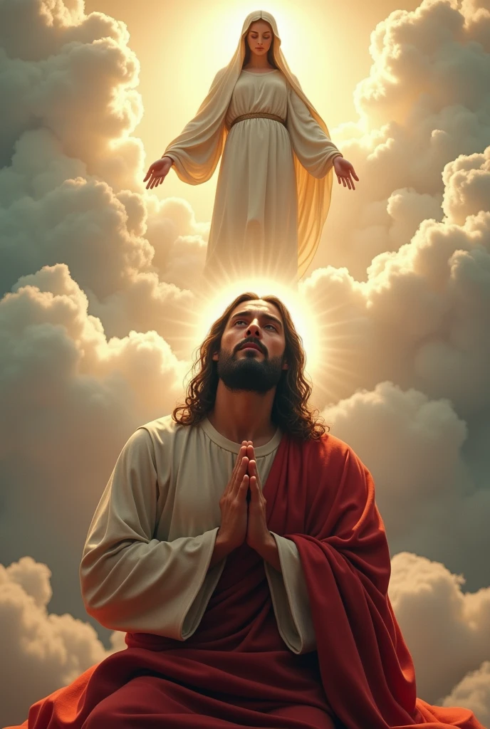 (photorealism:1.2), Crying black Jesus Christ, kneel praying under the foot of virgin Mary floating from the heaven that sorrounded of many clouds, wearing red king clothes with light in his head and heart spreading all over, real five finger, real feet, real beautiful hair, real image, heaven outdoors, bright lighting, clouds in background, beautiful light, real heaven and clouds, relaxed pose, realistic, intricate details, bright colors,