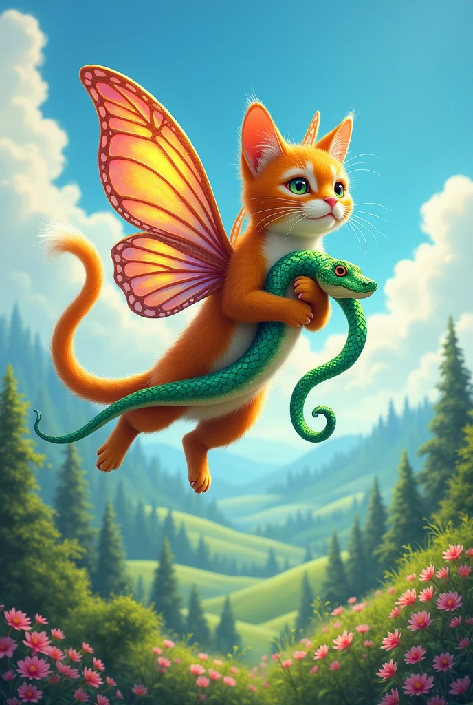 Cat flying with wings holding a snake 