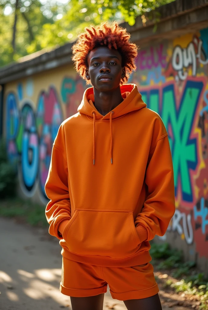 a teenage man, black skin with wavy red hair and calm green eyes. An orange hoodie wears short shorts