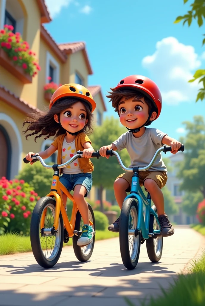 Image: Juan is outside his house on his bike, Ready to go, and his friend Ana is also on her bike next to him.