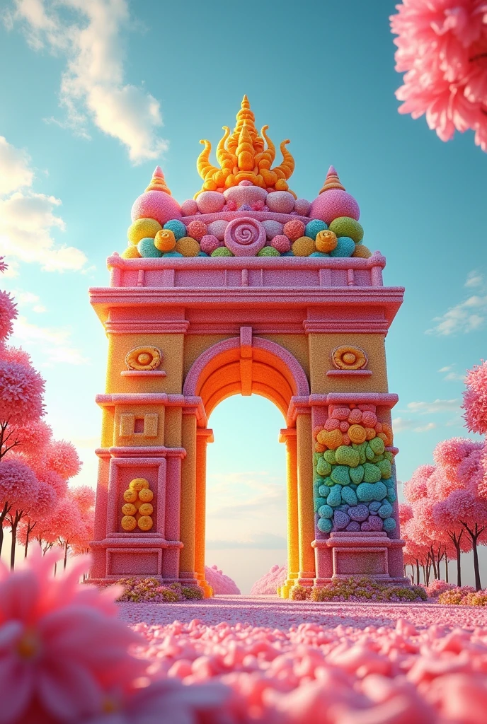 A vibrant and whimsical scene featuring the India Gate monument, but instead of its traditional stone structure, it's meticulously crafted from a colorful array of candies, including gummy bears, licorice whips, and swirling lollipops, with intricate details and textures that resemble sugar crystals, standing tall against a breathtaking backdrop of delicate cherry blossom trees in full bloom, their soft pink petals gently swaying in the breeze, with a few petals scattered around the base of the candy monument, set against a clear blue sky with a few wispy white clouds, the entire scene bathed in a warm, golden light that highlights the playful, sugary beauty of the India Gate made of candies.