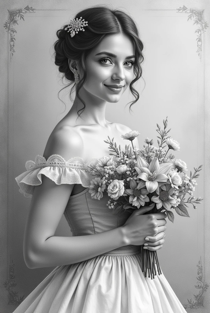 Hand draw in graphite a portrait of a slim, muscular 30-year-old princess in Victorian style, with an elegant hairstyle and a detailed strapless dress. She must be holding a bouquet of delicate flowers, with a serene and graceful expression. The image should capture the essence of a delicate female figure, but one that exudes a powerful and dignified presence.