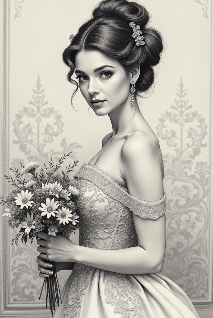 Hand draw in graphite a portrait of a slim, muscular 30-year-old princess in Victorian style, with an elegant hairstyle and a detailed strapless dress. She must be holding a bouquet of delicate flowers, with a serene and graceful expression. The image should capture the essence of a delicate female figure, but one that exudes a powerful and dignified presence.