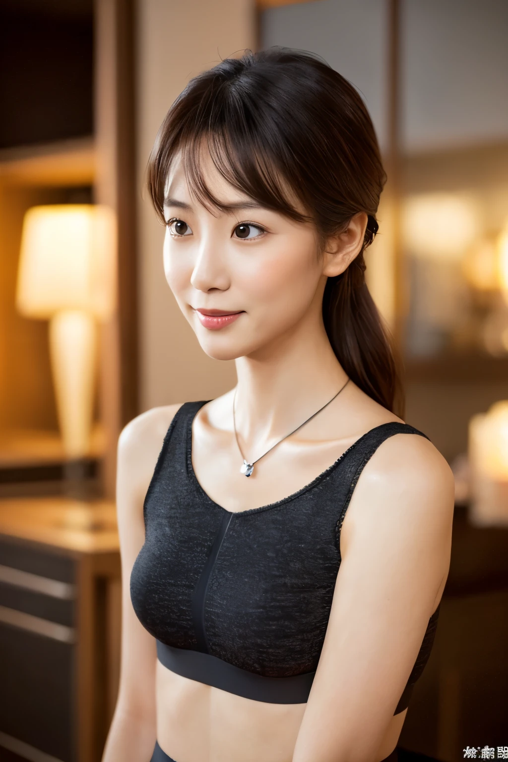 Skinny Japanese woman, Dressed, small head, cute face, detailed face, detailed eyes, (photographrealistic:1.4), (Hyper realistic:1.4), (Realistic:1.3), (Smoother lighting:1.05), (increase cinematic lighting quality:0.9), 32K, 1girl in, 30-years old, Realistic lighting, Backlighting, Light on Face, raytrace, (Brightening light:1.2), (Increase quality:1.4), (Top quality real texture skins:1.4), Black underwear, a necklace, Very thin waist, slender legs, (Increase body line mood:1.1), (Increase the beauty of skin texture:1.1)