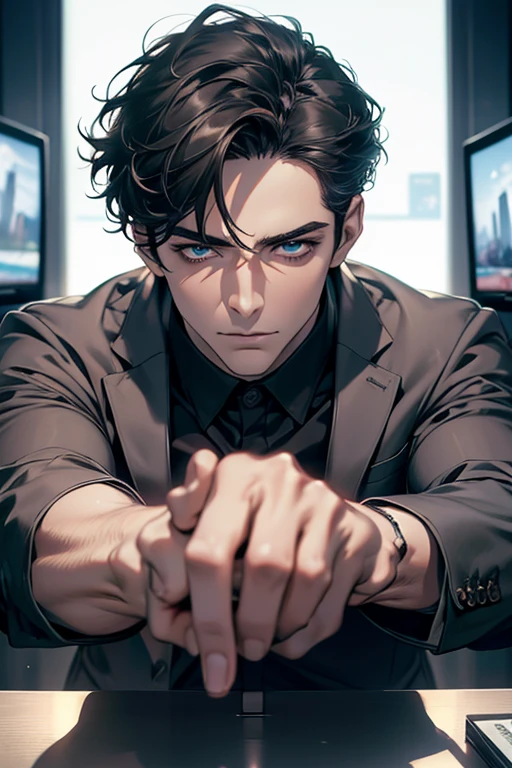 (Best Quality,4k,8k,high resolution,Masterpiece:1.2),ultra detailed,(realist,photorealist,photo-realist:1.37),1 man,31 years,mature man,very handsome,without expresion,muscled body,short gray black hair,Blue eyes,glare,perfect face without mistakes,imposing posture,businessman,office background,cinematic lighting,imagen HDR