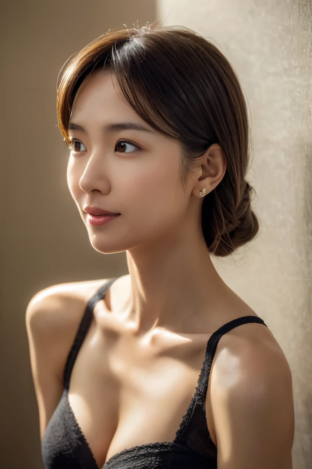 Skinny Japanese woman, Dressed, small head, cute face, detailed face, detailed eyes, (photographrealistic:1.4), (Hyper realistic:1.4), (Realistic:1.3), (Smoother lighting:1.05), (increase cinematic lighting quality:0.9), 32K, 1girl in, 30-years old, Realistic lighting, Backlighting, Light on Face, raytrace, (Brightening light:1.2), (Increase quality:1.4), (Top quality real texture skins:1.4), Black underwear, a necklace, Very thin waist, slender legs, (Increase body line mood:1.1), (Increase the beauty of skin texture:1.1)