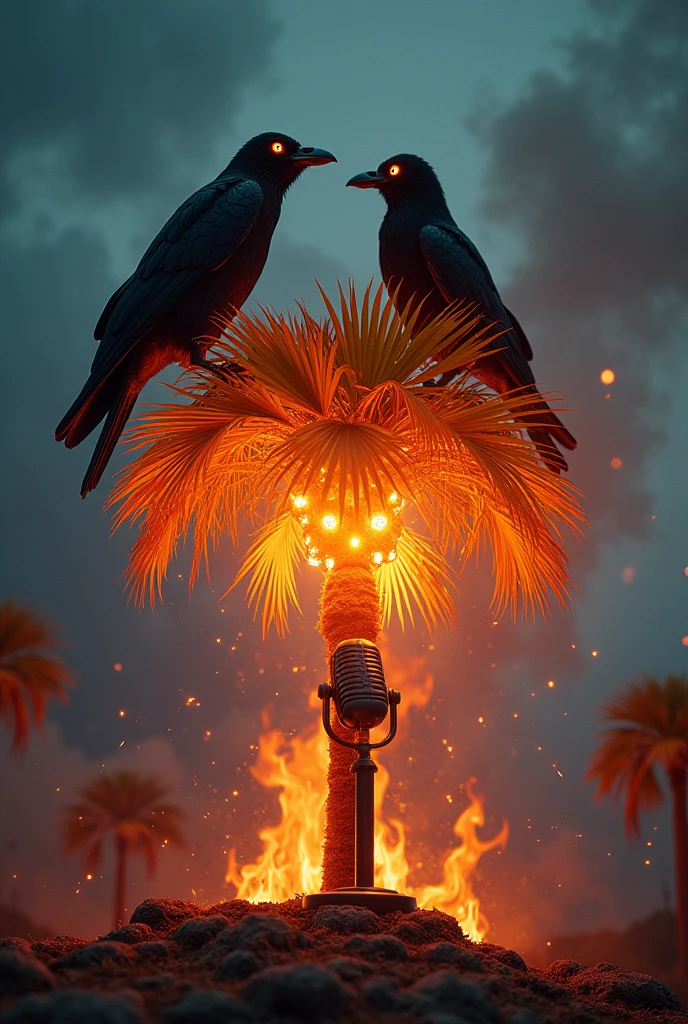 Palm on fire with two raven with yellow eye on top , Talking with a podcast microphone