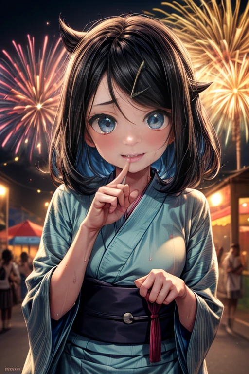 (nsfw), (masterpiece, Highest quality, 8K ultra-high resolution:1.6), Dynamic pose, Not wearing underwear, 14yo, kawaii, Pokemon Riko, (A colorful navy blue yukata: 1.4), Depiction of nipples, (Summer festival, Food stalls are lined up), ((turn around)), Beautiful Eyes,Flash photography, Backlight, ((Close-up of face:1.4)), (The best smile:1.4), ((((Sweat)))), (Show your palm to the camera), (Beckon), Written boundary depth, Dramatic portrayal, (Colorful fireworks background), Focus of the film, , Emotional composition, Emotional engine full throttle BREAK Young and cute, Slender body, Flat Chest, Highly detailed glossy skin,Sweat, 完璧なPokemon Riko
, Wind, detailed in the Wind, petals dancing in the Wind
BREAK
ultra detailed crystal eyes, Eyes like shining jewels
