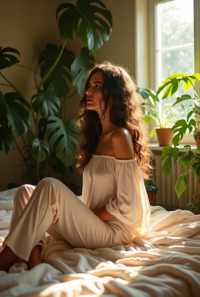 (photorealism:1.2), beautiful woman, sitting on bed, wearing loose off-shoulder top, pajama pants, long curly hair, indoors, soft lighting, plants in background, window with sunlight, cozy room, relaxed pose, realistic, intricate details, warm colors, by Greg Rutkowski, by Alphonse Mucha