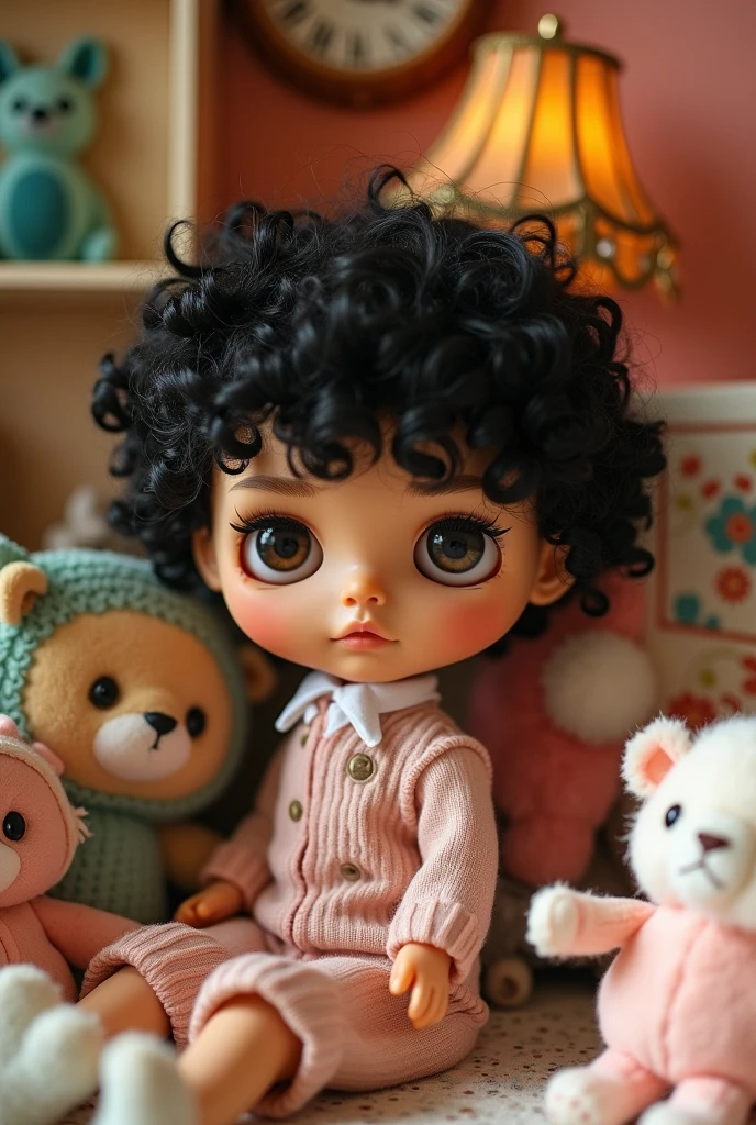 Make a male blythe doll with short black curly hair, with long curly bangs and very light brown skin color