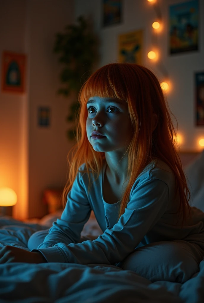 blonde girl with orange hair, crying in her room watching a movie