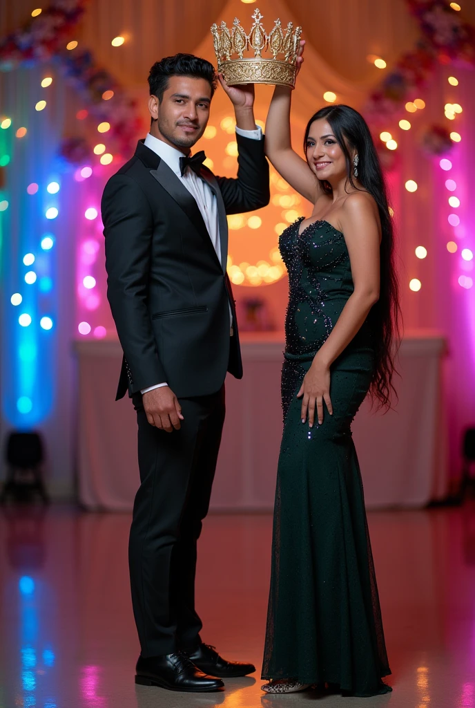 Parents holding crown from right side for quinceanera but without the quinceanera Full body crown facing up and tight dress for mom with spiked heels crown all the way up parents looking forward 