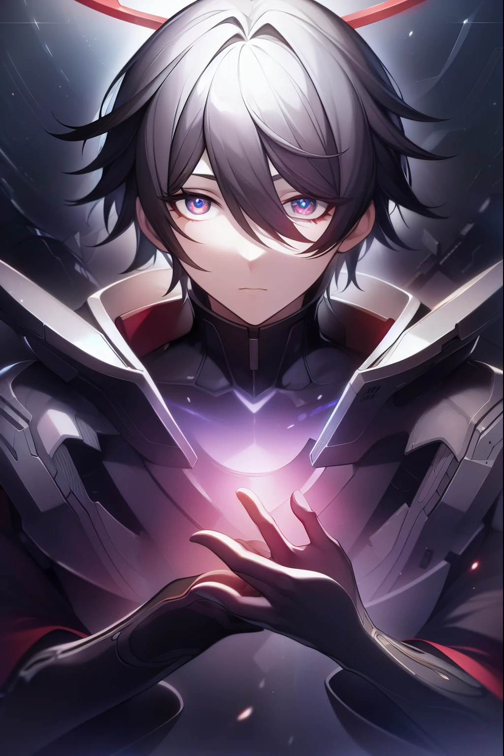 1male, hashimoto_akihito, black hair with hint of white, short straight hair, red eye BREAK red halo, abyss flower, dark energy, white pharmacy coat, BREAK looking at viewer, BREAK space, galaxy, BREAK (masterpiece:1.2), best quality, high resolution, unity 8k wallpaper, (illustration:0.8), (beautiful detailed eyes:1.6), extremely detailed face, perfect lighting, extremely detailed CG, (perfect hands, perfect anatomy),