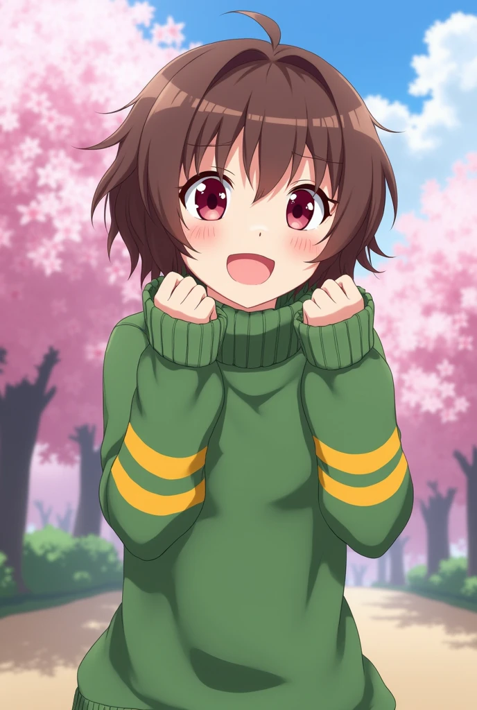 an anime girl with dark red eyes and short brown hair wearing a green turtleneck with two yellow stripes on her turtleneck sweater doing a cute pose
