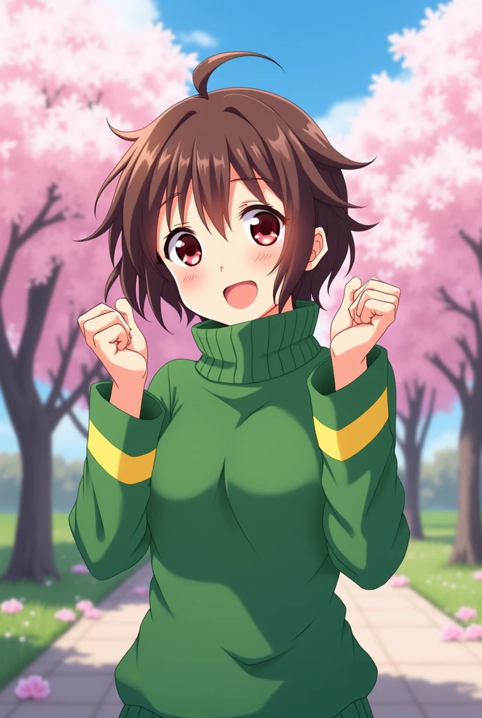 an anime girl with dark red eyes and short brown hair wearing a green turtleneck with two yellow stripes on her turtleneck sweater doing a cute pose