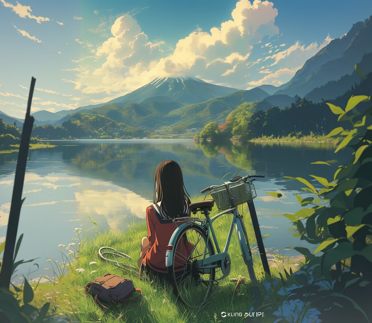 woman sitting on the grass by the river