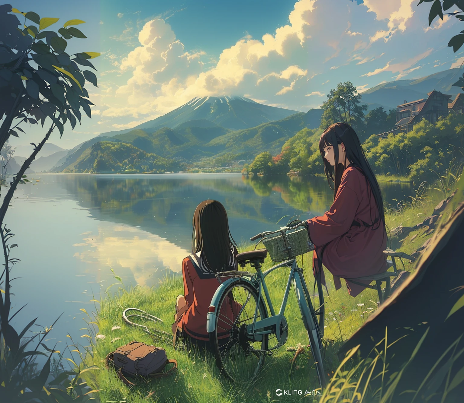 woman sitting on the grass by the river