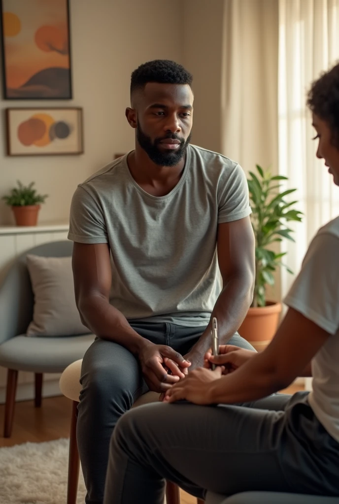 young black man receiving therapy on legs with blunt silver pen