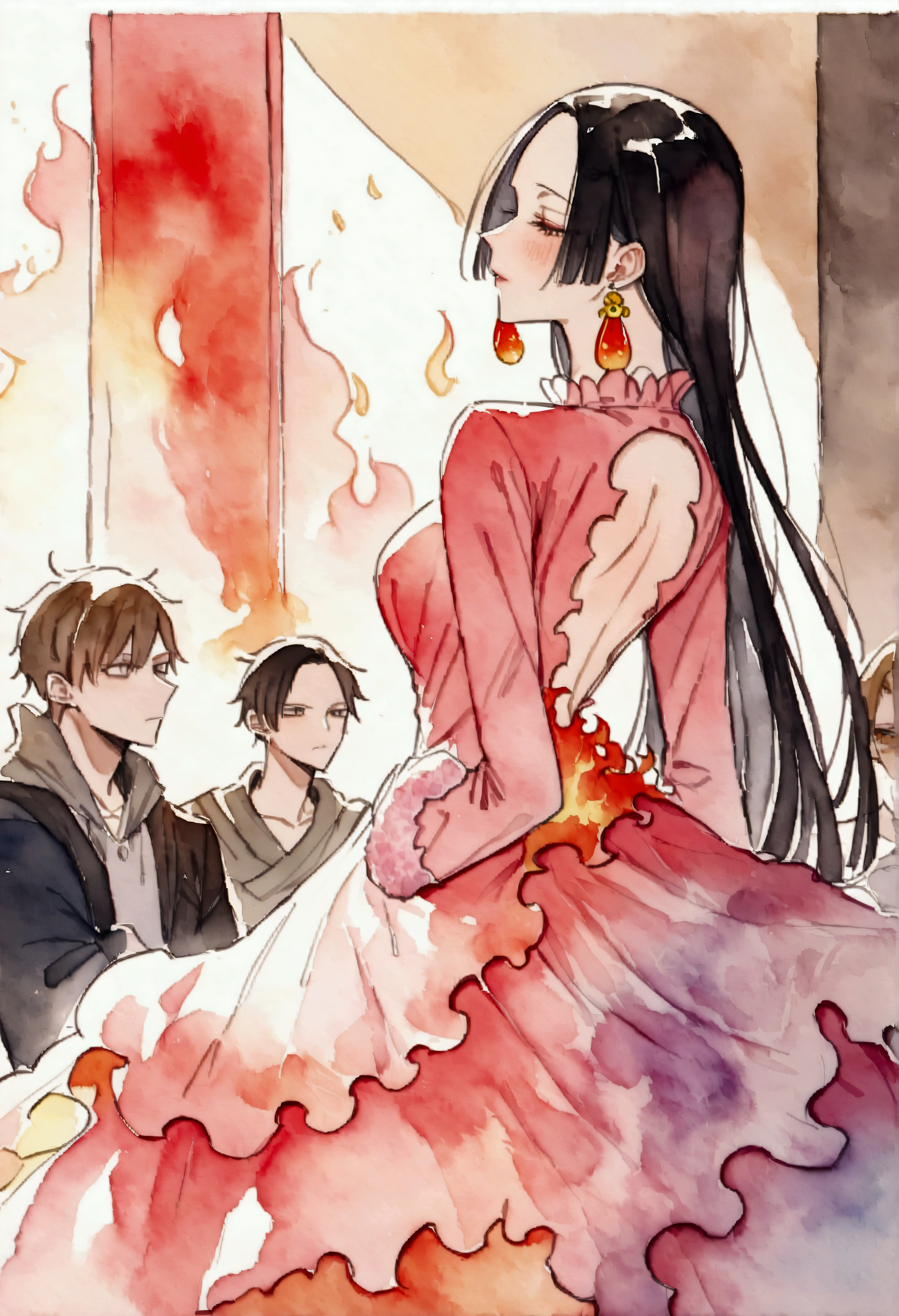 Masterpiece、Highest quality、Super detailed、Boa Hancock\(one piece\), (watercolor:1.2), Brush strokes, Destroying the vibrant colors,(BoaHancockV2:1.25), In-person audience, tilt your head back, pointing、(very, Melted dress, Fire earrings:1.25), Chest cutout、Amazing view