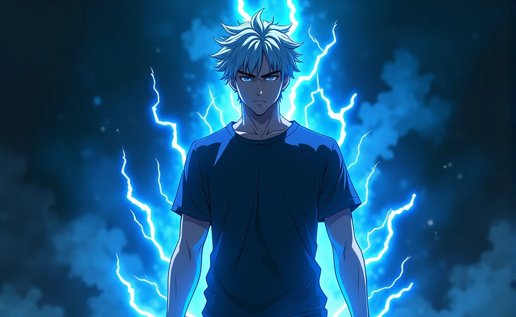 young man with a serious expression, surrounded by an electric aura. His hair is spiky and messy, white or silver, which contrasts strongly with the dark, bluish lighting that dominates the scene.. He is dressed in a short-sleeved T-shirt over a long-sleeved T-shirt, both in dark tones, which gives it a casual but powerful air.

The background is shrouded in darkness, with rays of blue electricity snaking around the character, illuminating it dramatically and highlighting its figure in the dim light. The atmosphere is intense, conveying a sense of contained power and potential danger. The combination of the character&#39;s relaxed posture and the visual effects of electricity suggests that he is about to unleash an impressive force..

This style remains clearly *anime* semi-realist, with a focus on energy effects and building a tension-filled environment. It&#39;s a scene that could belong to a climactic moment in an action or fantasy series.. 
