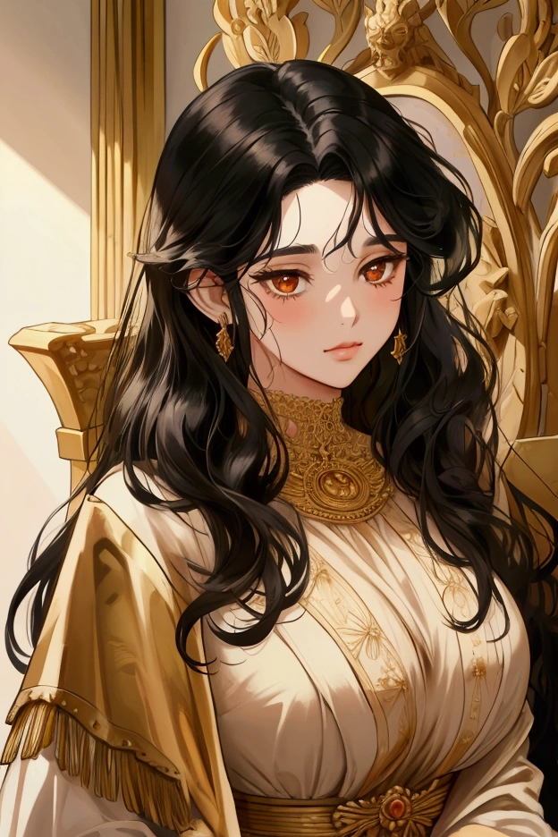 Olive skin, Curly black hair, Goldohrringe, full breasts, reddened cheeks, Antiquity, Kleidungsstil Antiquity, High Nobility, anime style