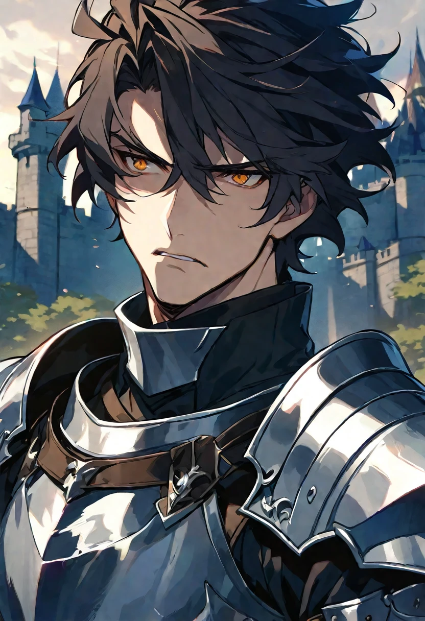 solo, handsome, 1 male, dark hair, short parted hair, orange eyes, brooding knight, concerned expression, castle background, wearing armor
