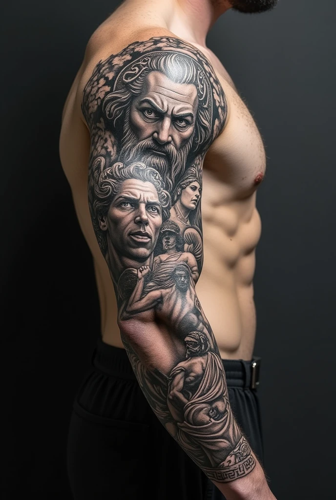 tattoo sleeve realism gods of olympus black and white man