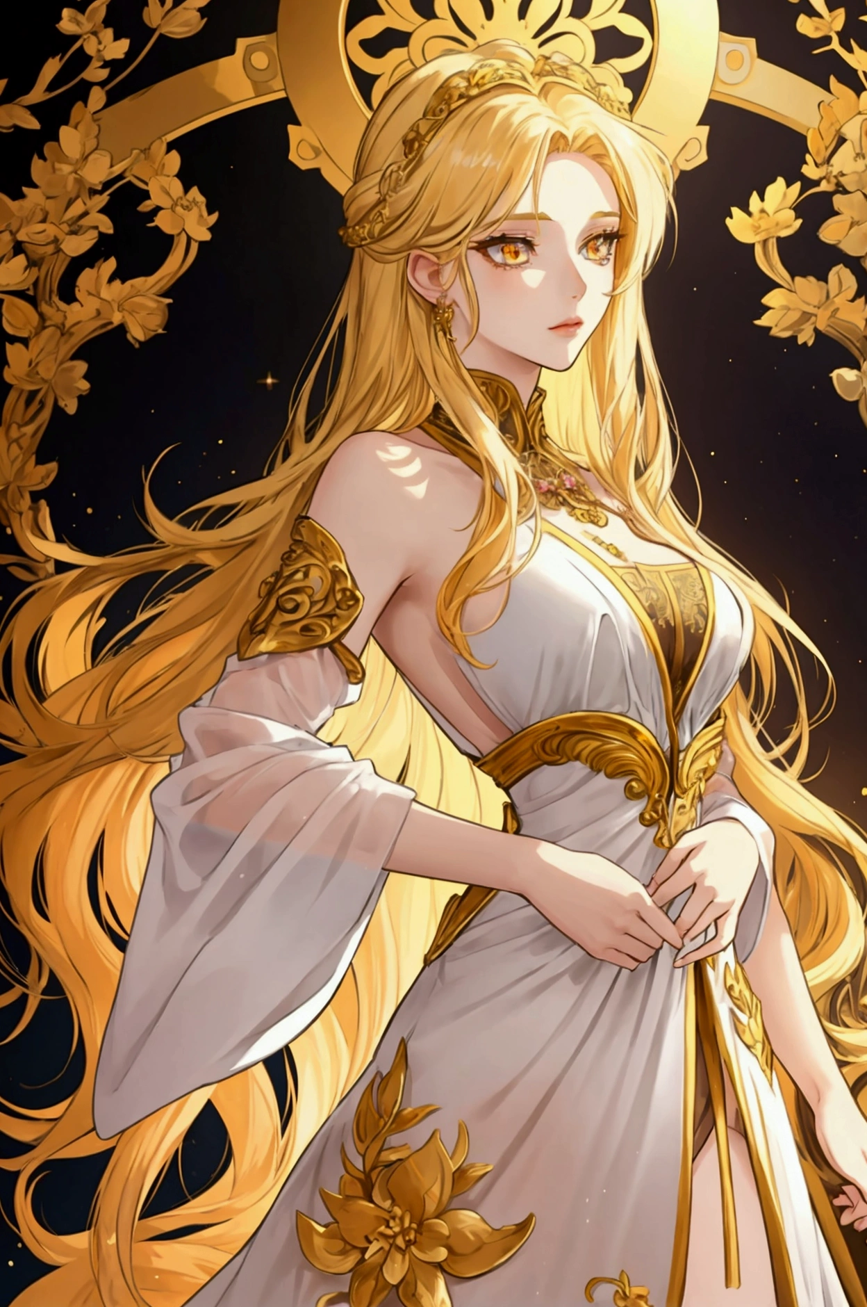 goddess, goddess der Liebe, golden hair, gold eyes, beautiful woman, Lightly dressed, Dressed provocatively, in der Natur, Anime Style