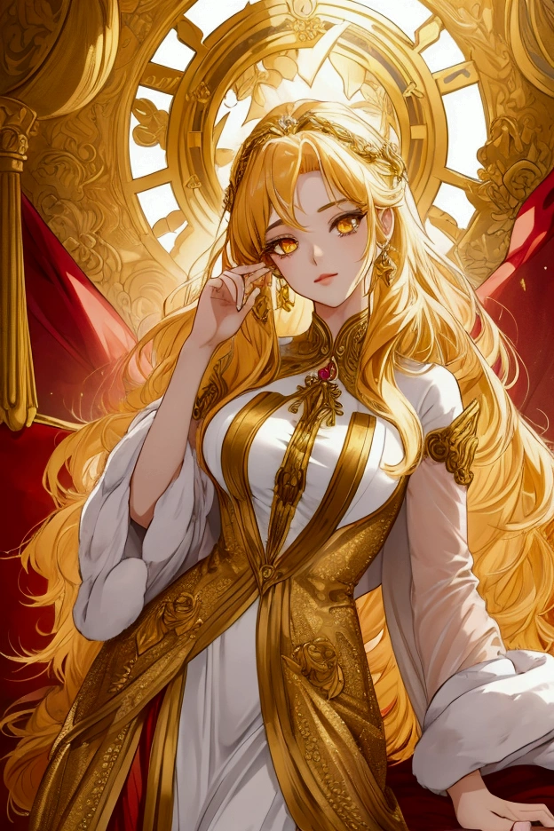 goddess, goddess der Liebe, golden hair, gold eyes, beautiful woman, Lightly dressed, Dressed provocatively, in der Natur, Anime Style