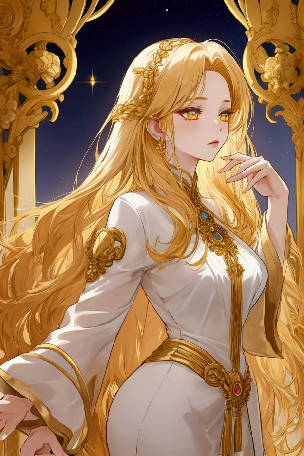 goddess, goddess der Liebe, golden hair, gold eyes, beautiful woman, Lightly dressed, Dressed provocatively, in der Natur, Anime Style