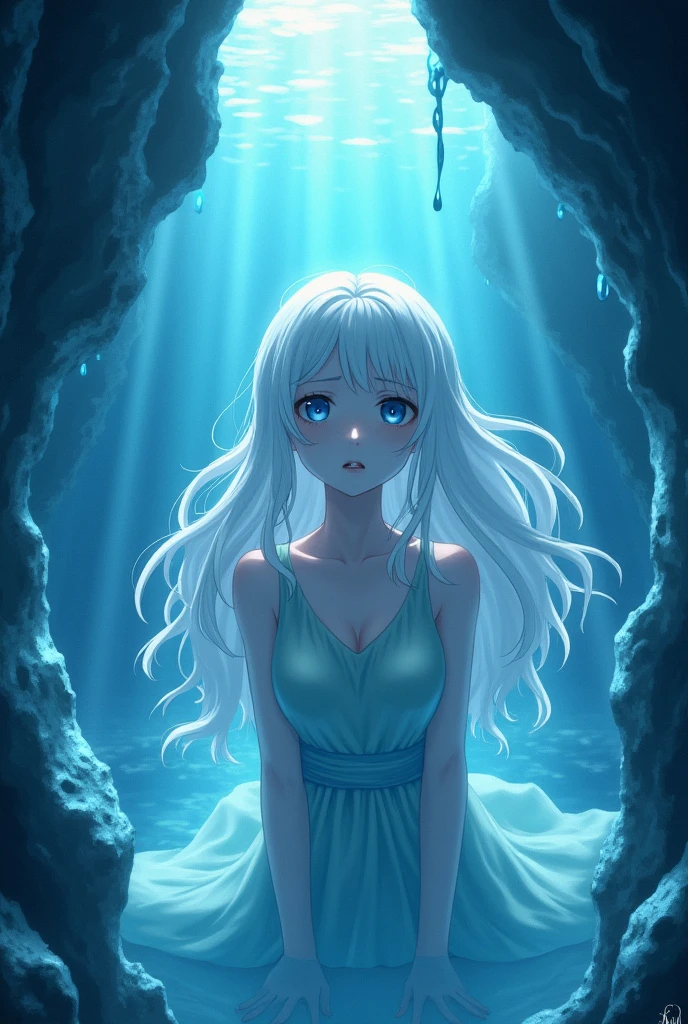 Kizi, very white with dark blue eyes, long white hair, she is inside a lake in a cold cave, she is wearing a light blue dress, she is in the water with her face out, she is crying realistic anime style she is crying a lot