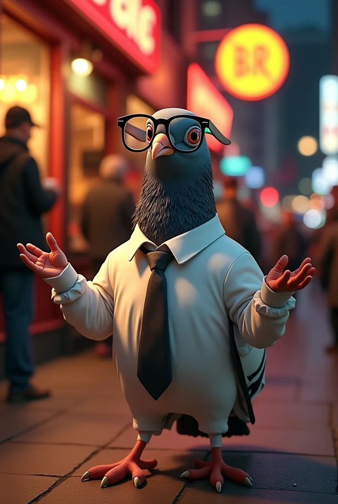 a nerdy pigeon in a white dress shirt and loosened tie, standing in the middle of a sidewalk outside a bar hailing a taxi, detailed facial features, photorealistic, (best quality,4k,8k,highres,masterpiece:1.2),ultra-detailed,(realistic,photorealistic,photo-realistic:1.37),hyperrealistic, cinematic lighting, vibrant colors, dynamic composition