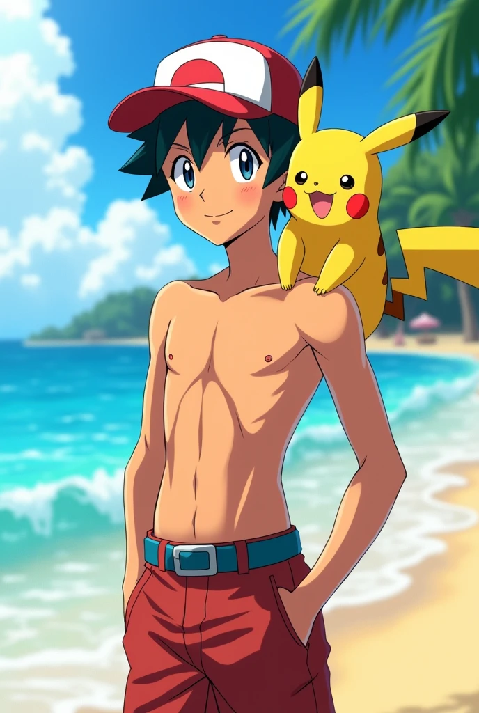 Ash Ketchum teenager , bare torso, playa, aesthetic physique (good anatomy) with Pikachu on his shoulder. anime, Pokemon anime style. Black hair tanned skin brown eyes. cap. 